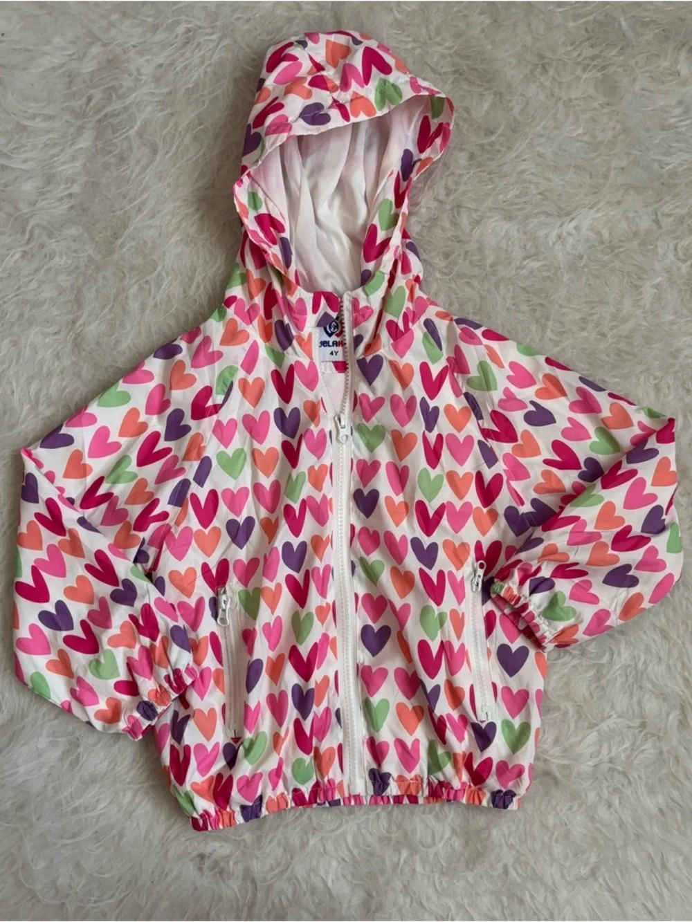 Girls' Colorful Heart-Print Hooded Raincoat/Windbreaker Jacket